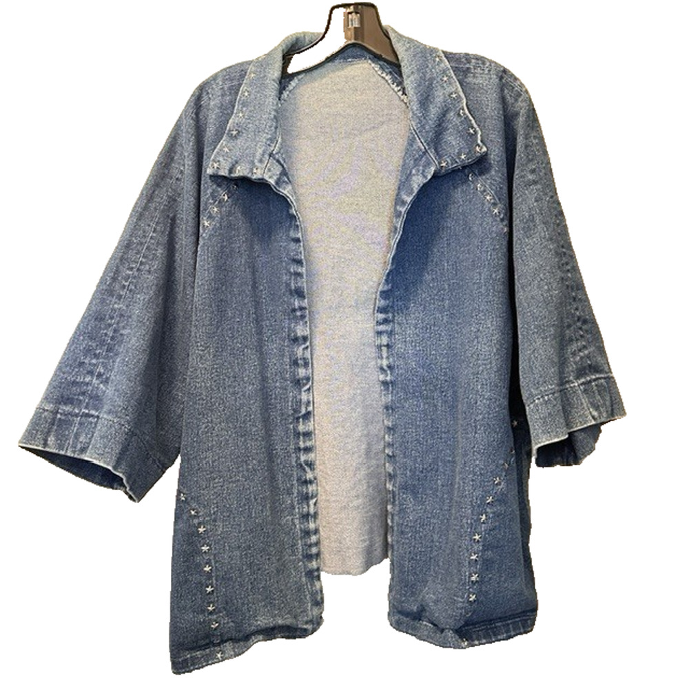 Boho-Chic Open Front Denim Duster Jacket Womens L/XL 3/4 sleeve star embellished